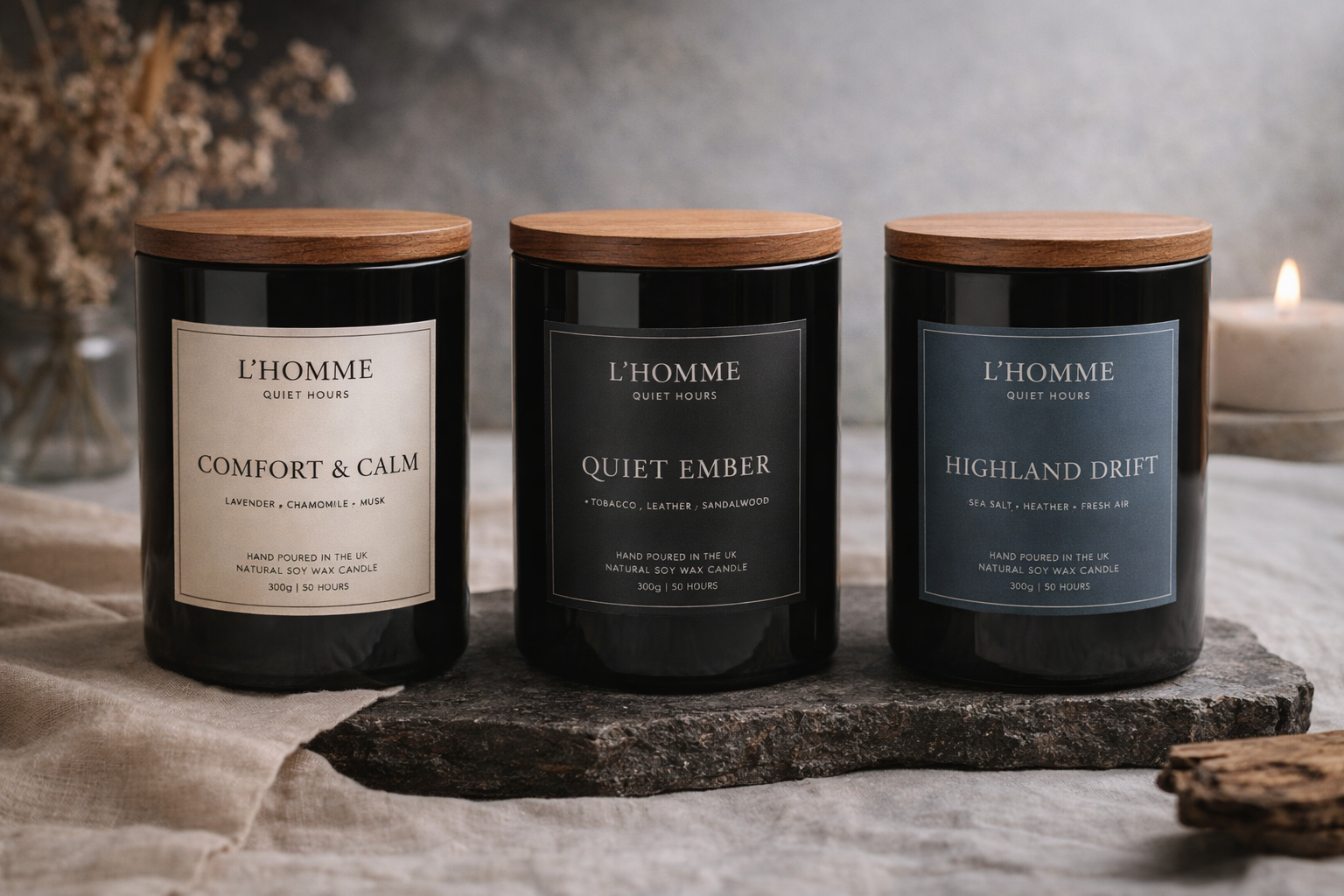 The Quiet Hours candle branding